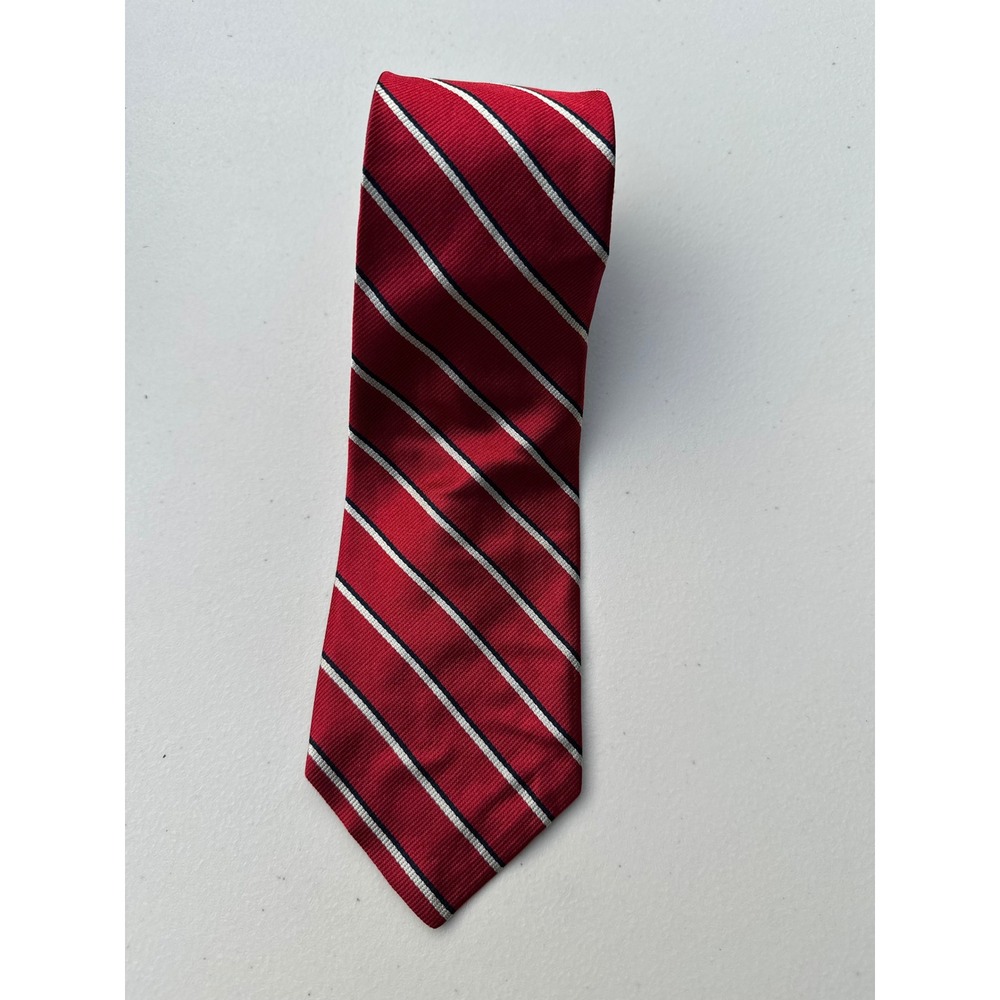 David Seymour Collection Mens‎ Red Navy Blue White Striped Silk Necktie 62x3.75